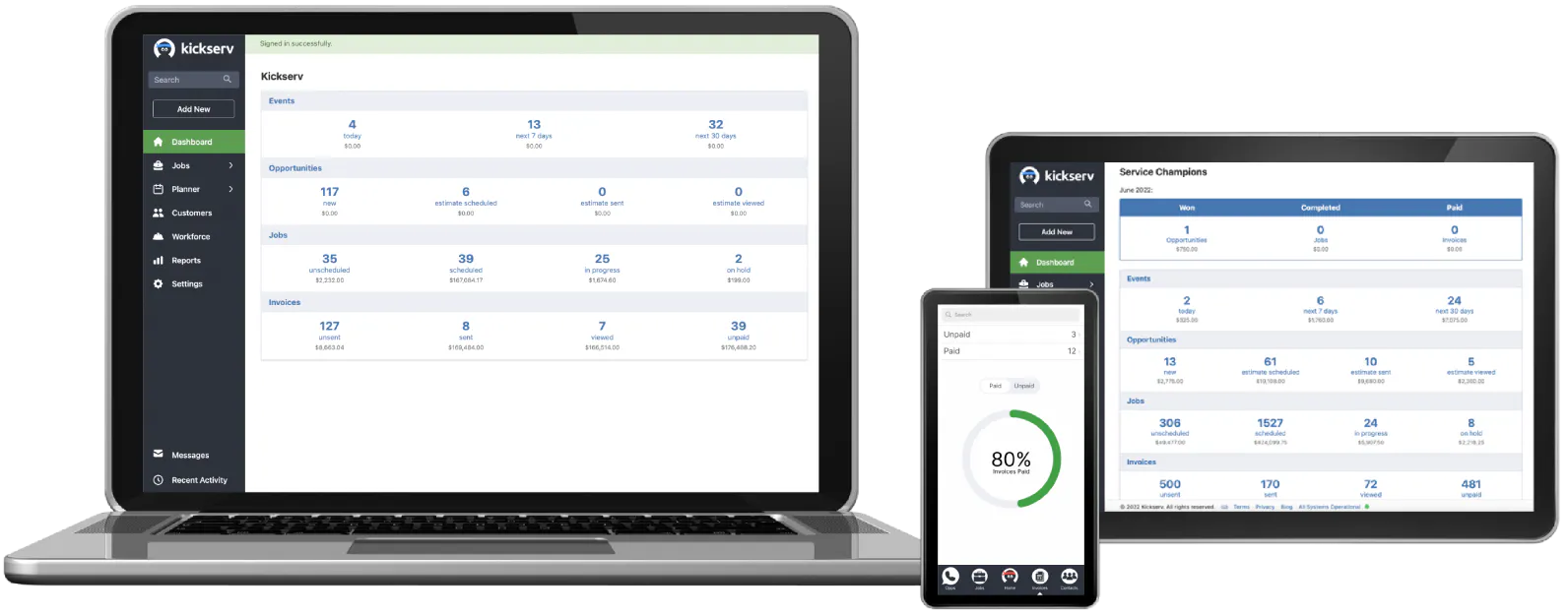An image showing Kickserv software's dashboard on a laptop, mobile phone, and tablet.