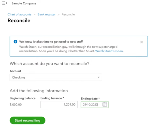 A screenshot of QuickBooks Online reconcile accounts window with options showing account selection, balances, and date.