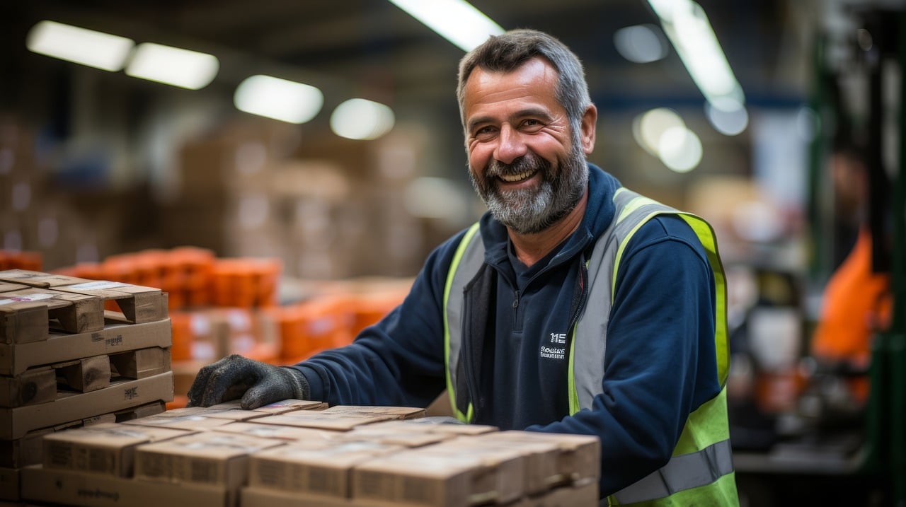 Man in warehouse pushing cart with merchandise