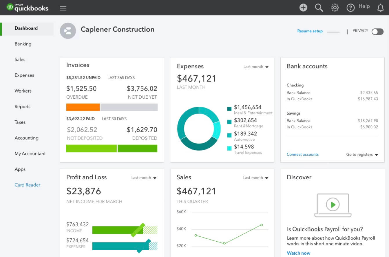 Screenshot of full QuickBooks Online dashboard