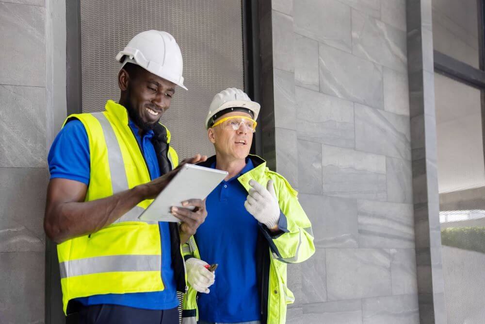 a warehouse worker smiling and using a tablet with his colleague.