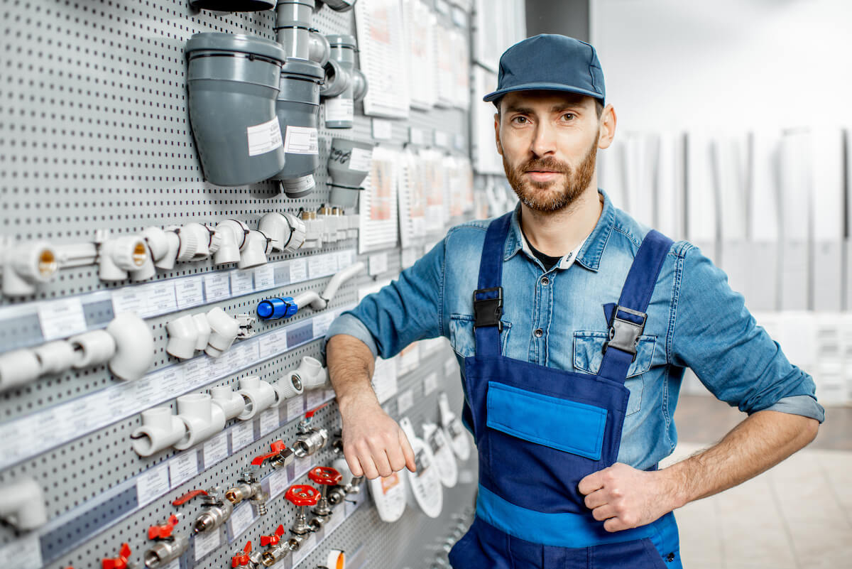 A man leaning on a shelf of water pipes in a store looking into the camera.