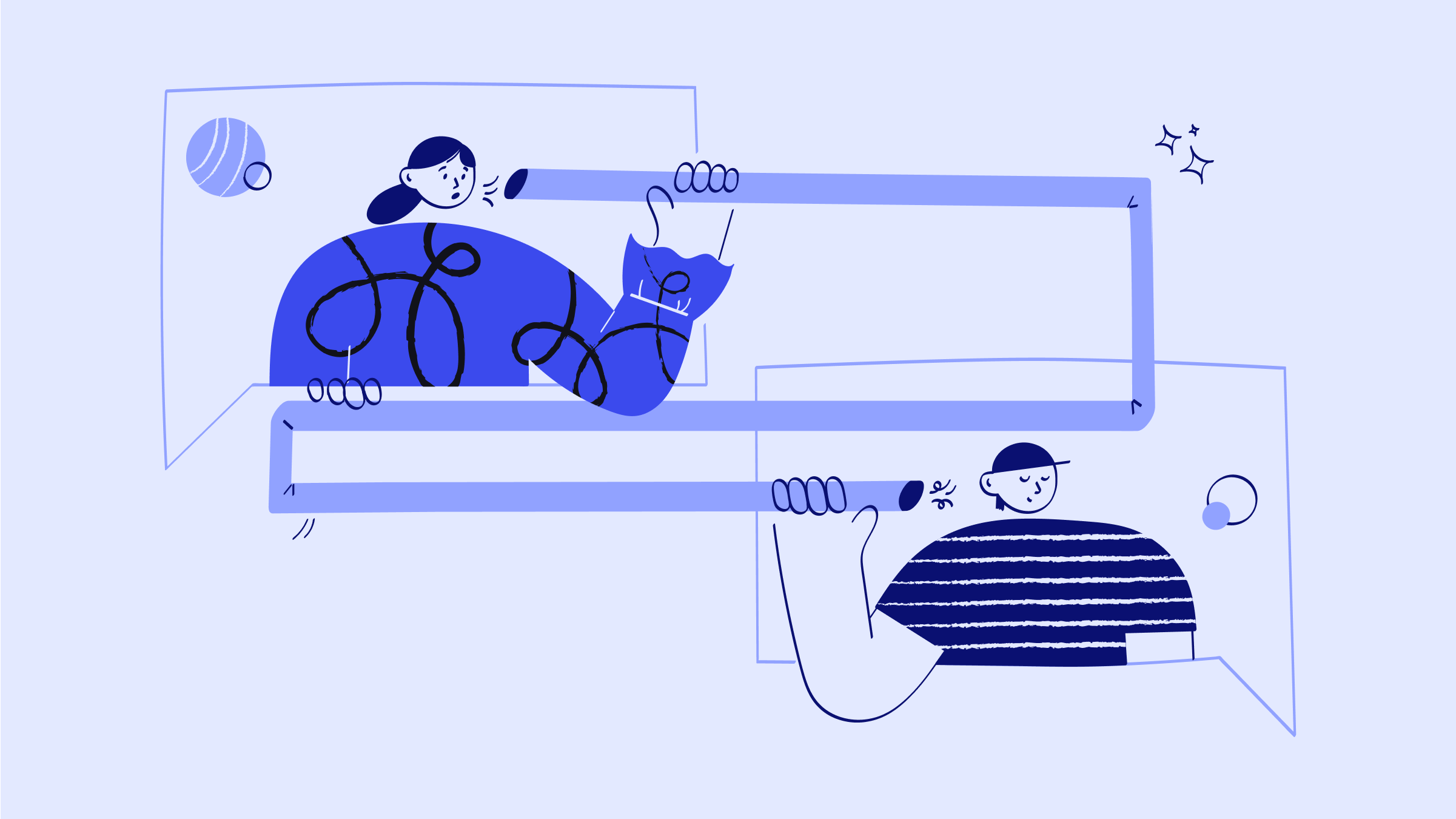 A purple illustration of two people communicating through a long tube.
