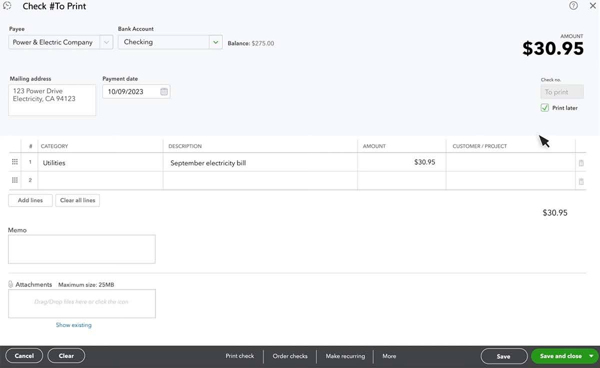 A screenshot showing the print details for vendor checks in QuickBooks