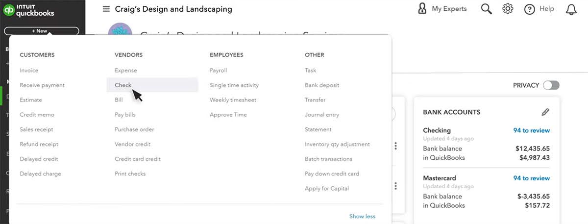 A screenshot of the Check section in the Vendors tab in QuickBooks.