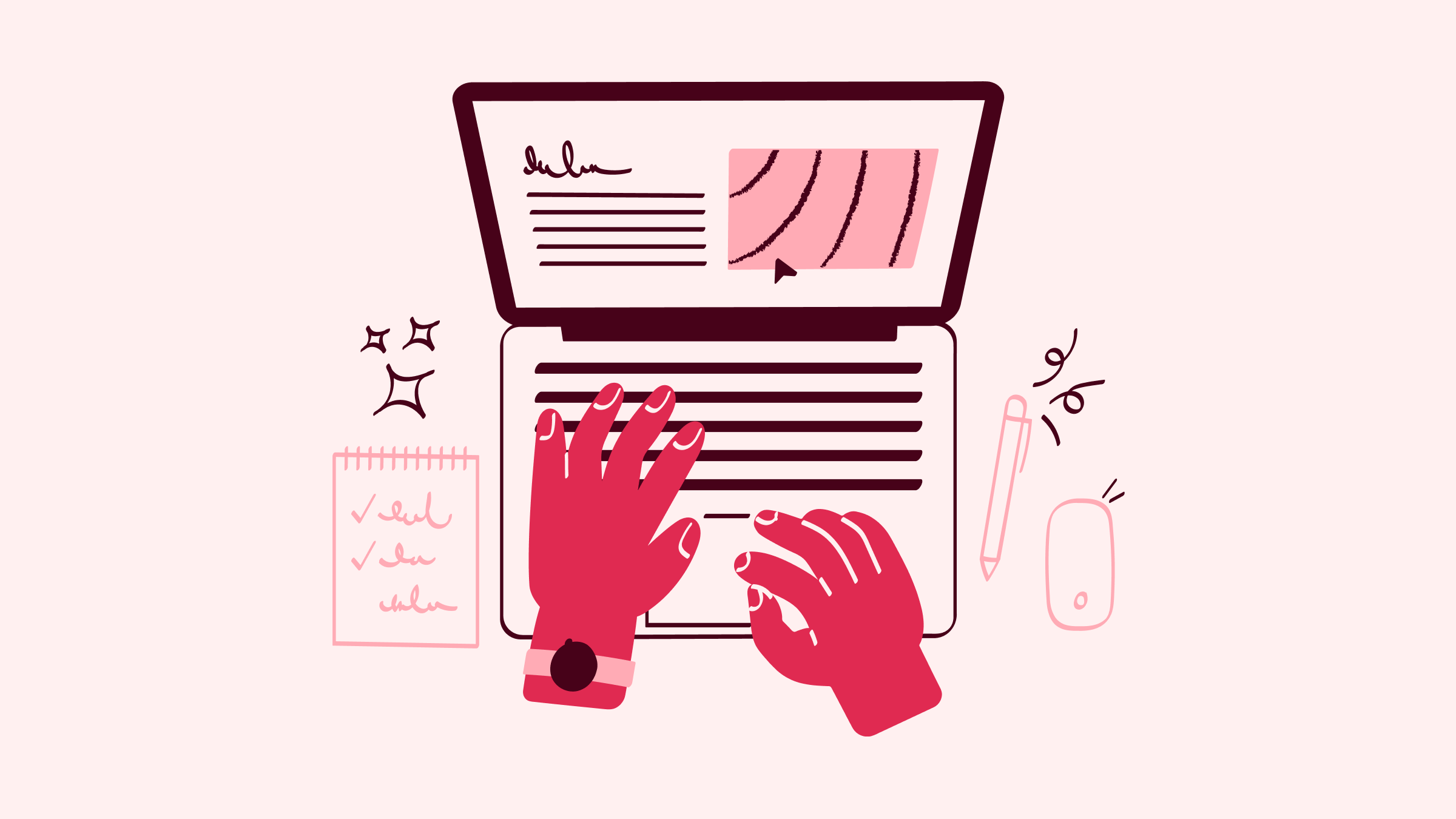Fuchsia illustration of a person on a laptop at a work desk.