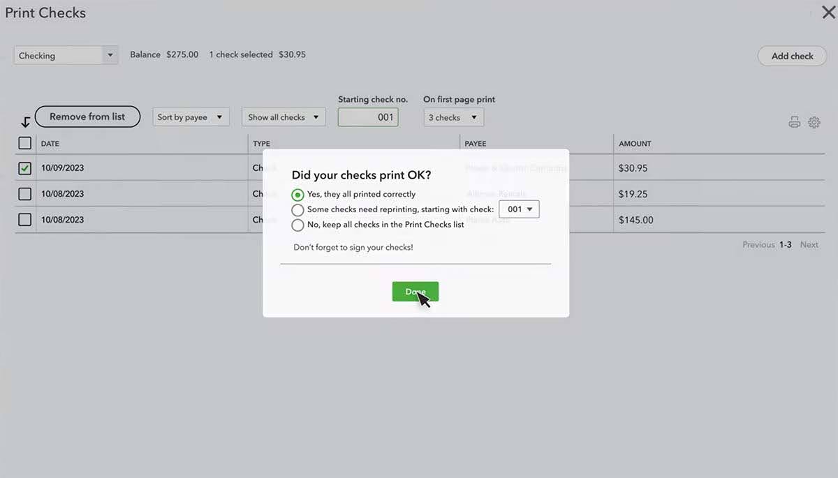 A screenshot of a QuickBooks confirmation screen asking if checks printed OK.
