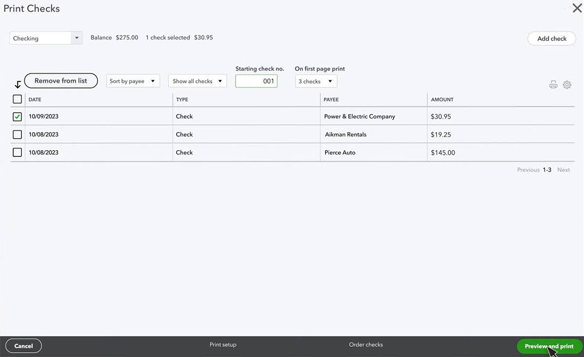 A screenshot showing the final step before printing in QuickBooks.