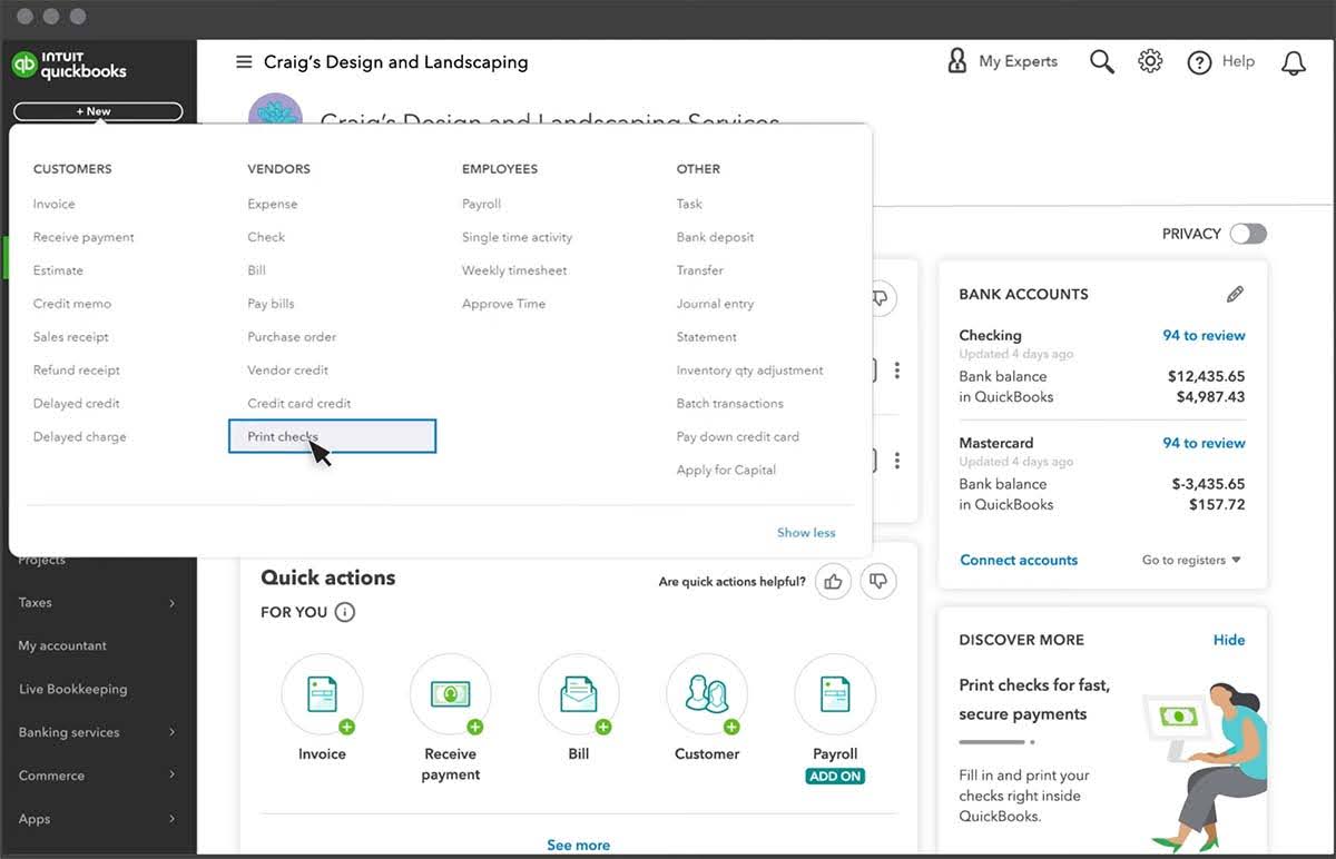 Screenshot showing how to print checks in QuickBooks