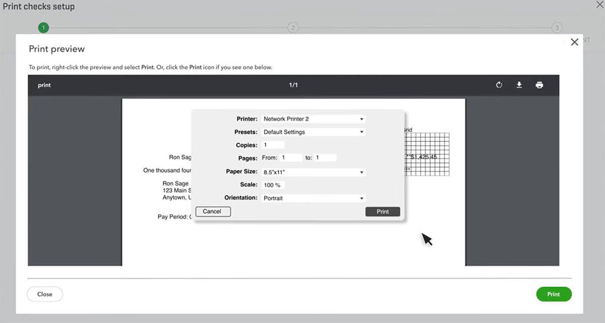 Screenshot showing a "Print preview" screen in QuickBooks.