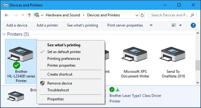 Screenshot showing how to set a default printer