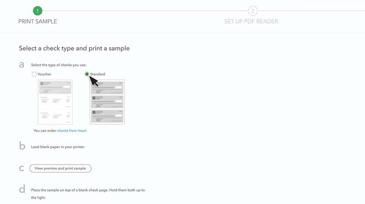 A screenshot showing the viewer to pick "Standard" when printing from QuickBooks.