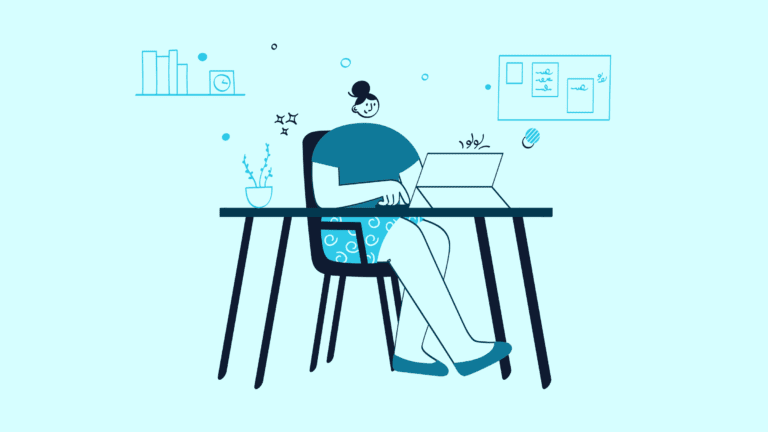 Teal illustration of a woman working at a desk on a laptop.