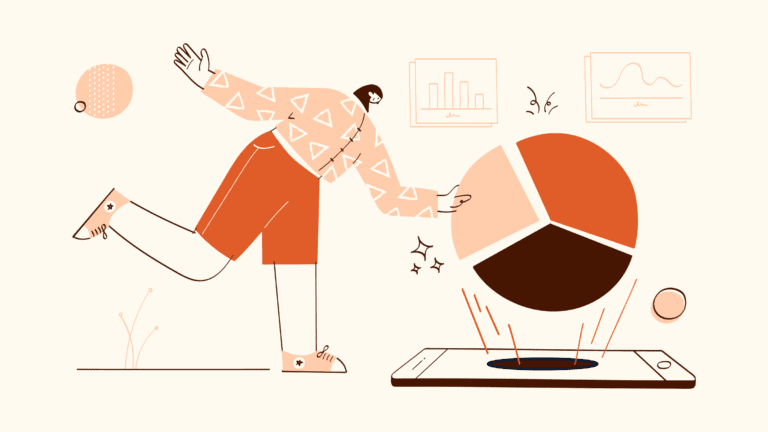 An orange illustration representing data analysis, with a person grabbing a pie chart from a smartphone.