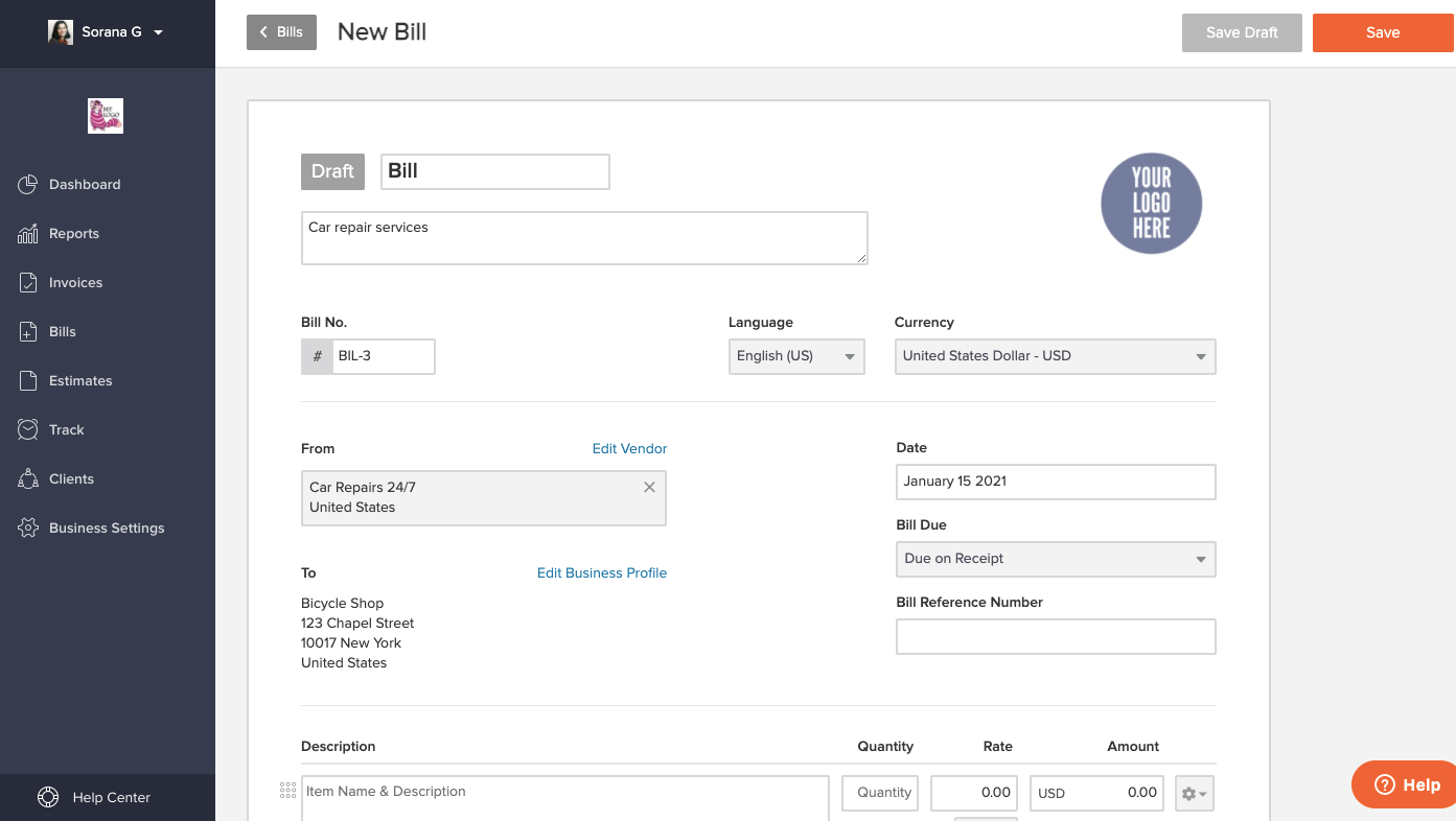 A screenshot of a basic Invoicely dashboard.