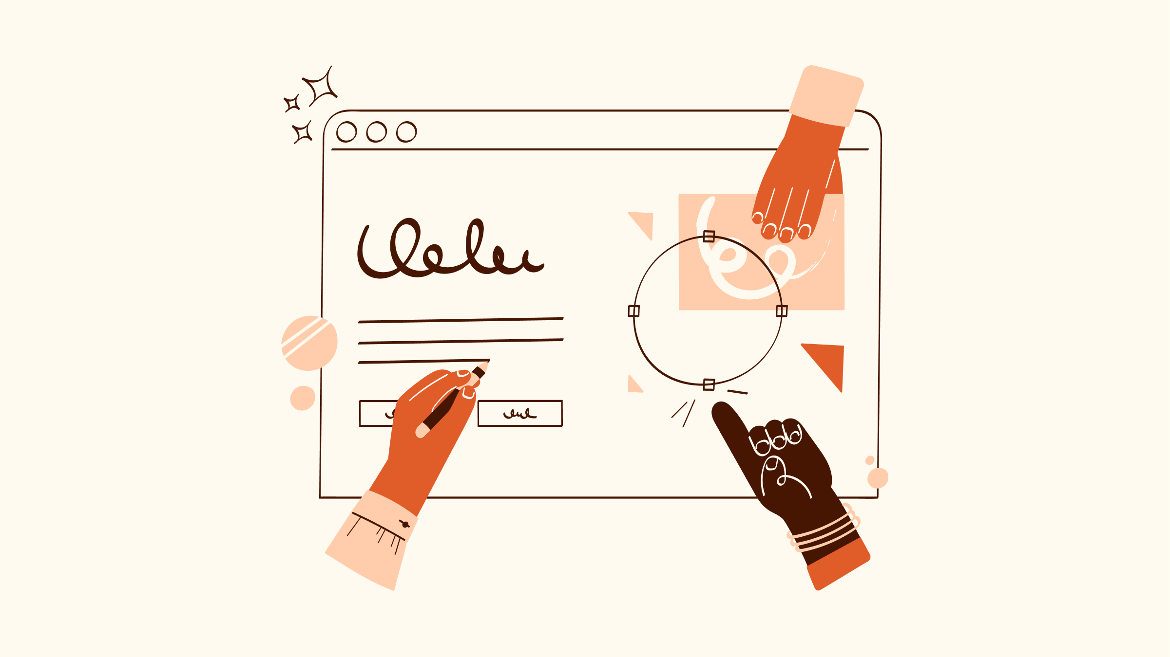 Orange illustration of several hands collaborating on a computer window.