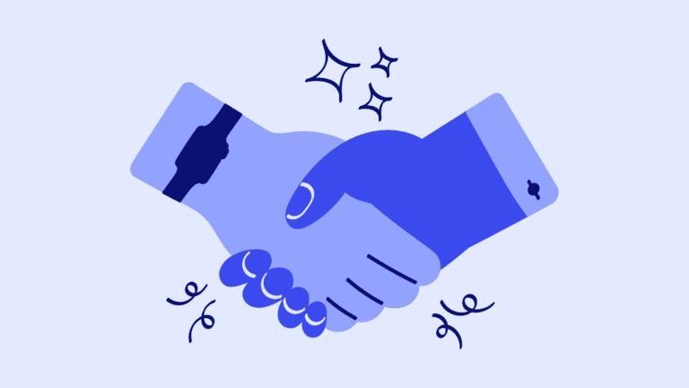 A purple illustration of a handshake.