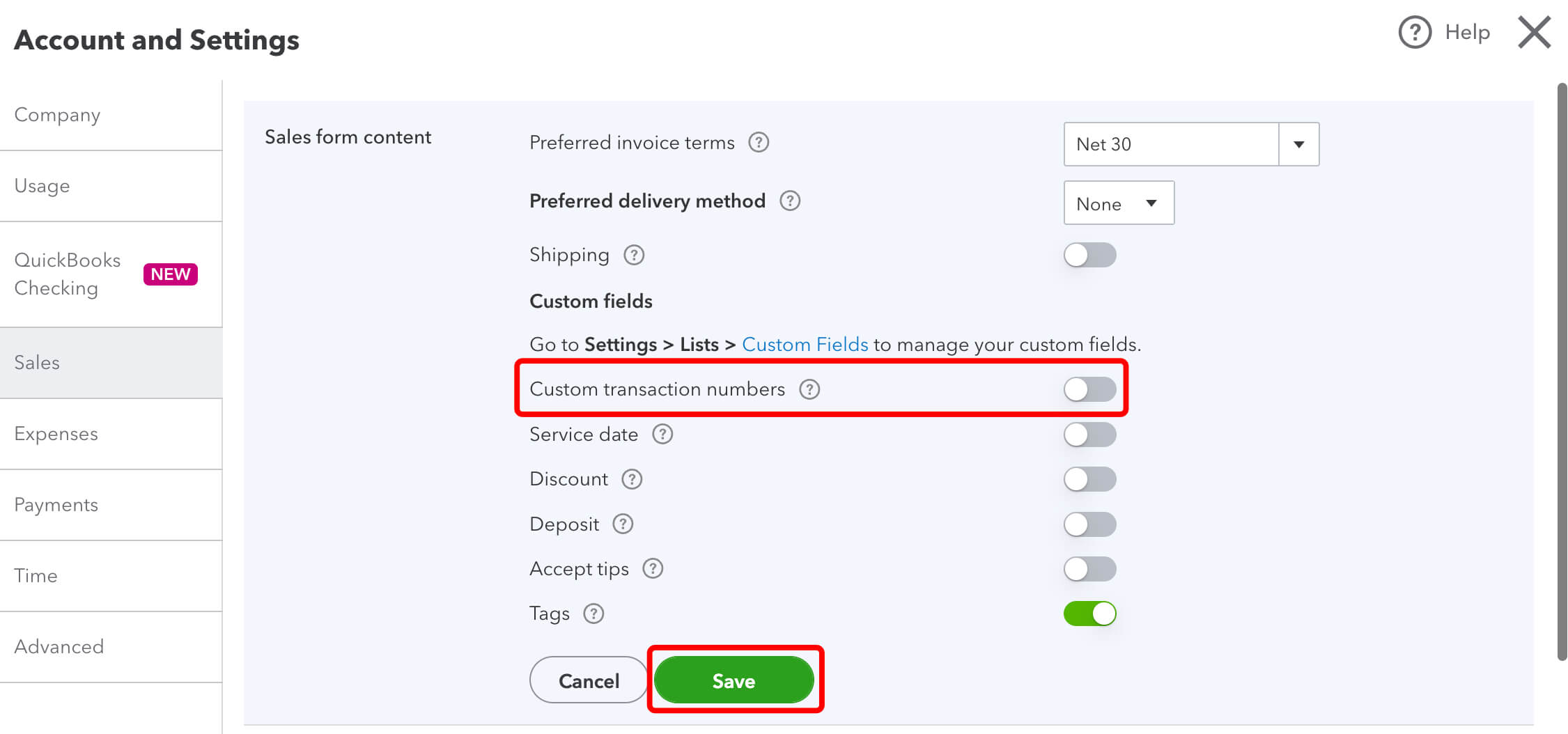 Screenshot showing custom transaction numbers in QuickBooks Online.