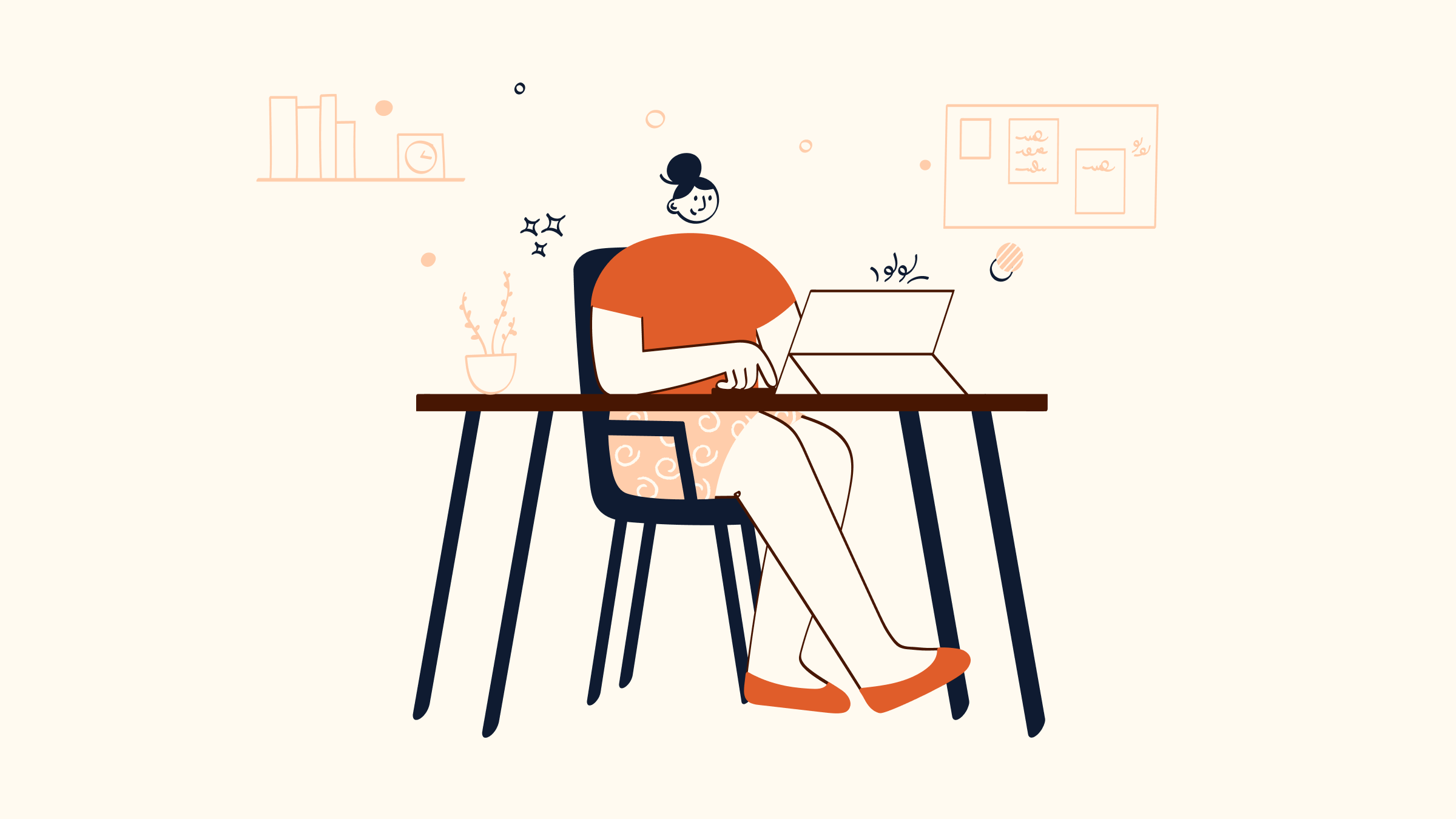 Orange drawing of a woman working at a desk on a laptop.