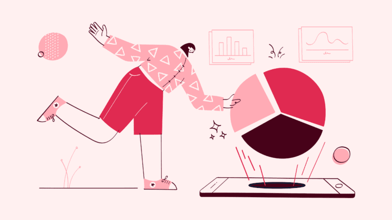 A fuchsia illustration representing data analysis, with a person grabbing a pie chart from a smartphone.