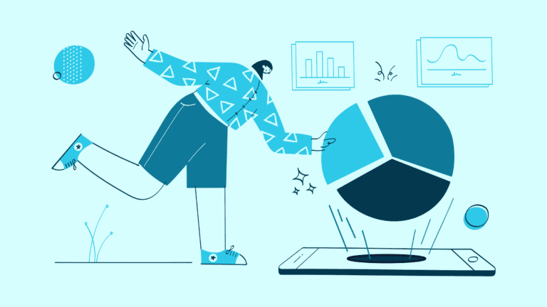 A teal illustration representing data analysis, with a person grabbing a pie chart from a smartphone.