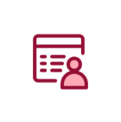 Red icon of a person and a document on a screen.
