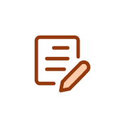 Orange icon of a pen signing a document.