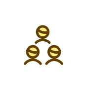 Yellow and brown icon of three people in a pyramid shape.