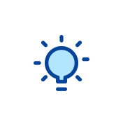Blue icon of a lightbulb with rays.