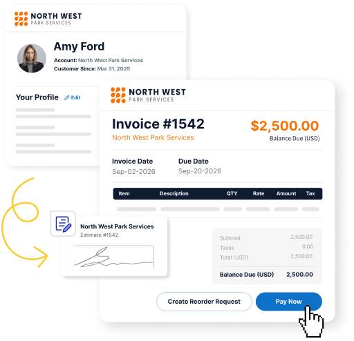 Customer-branded portal with invoice and Pay Now button