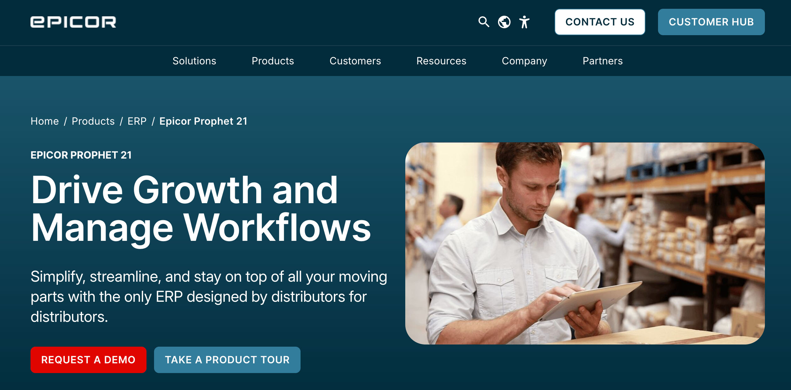 Epicor Prophet 21 homepage showing its distribution ERP software