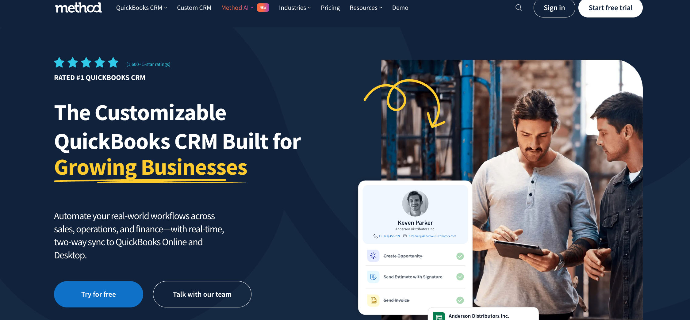 Method CRM homepage showing its customizable CRM for QuickBooks