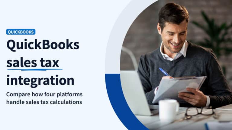 Man using tablet with QuickBooks sales tax integration graphic in background.