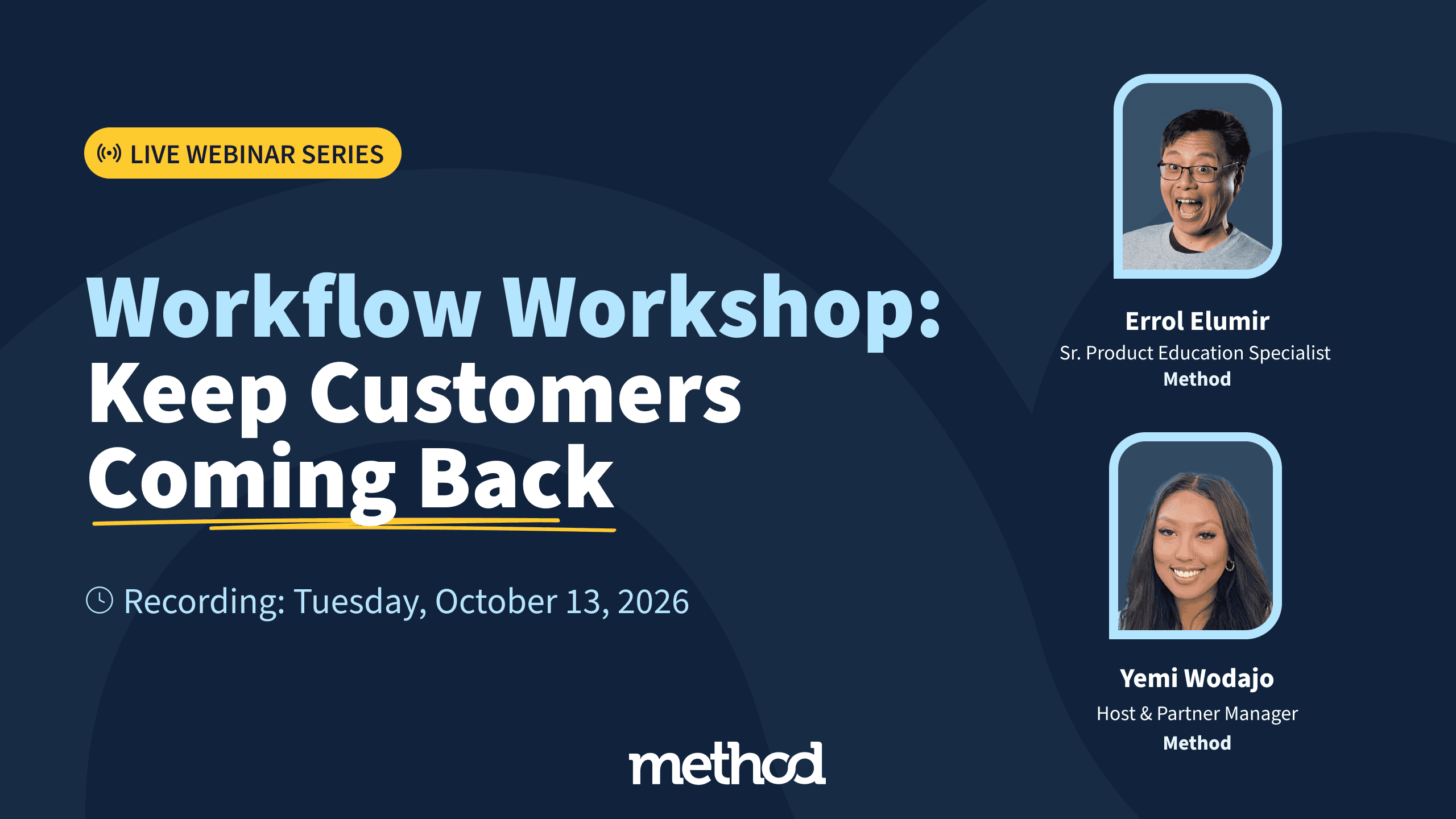 Workflow workshop poster with speakers Errol Elumir and Yemi Wodajo for Method.