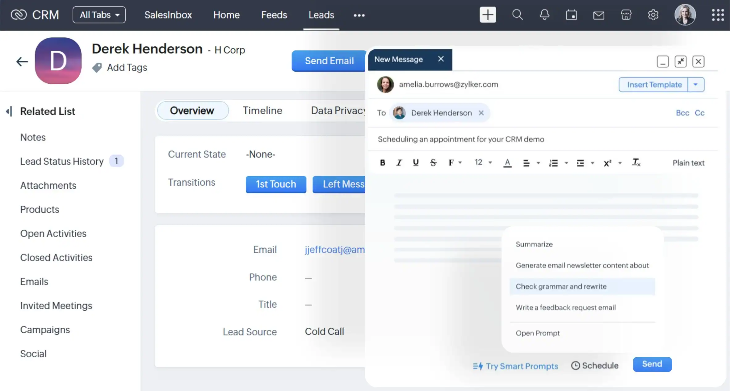Screenshot of CRM software interface showing contact details and email communication.