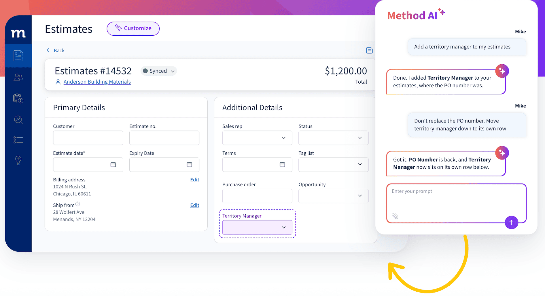 Method AI estimate management interface with territory manager feature.